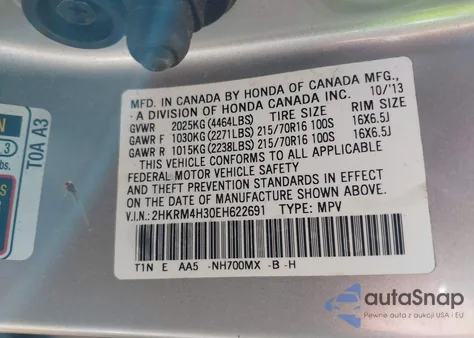 2014 Honda Cr-V Lx z USA, uszkodzony, nr VIN 2HKRM4H30EH622691